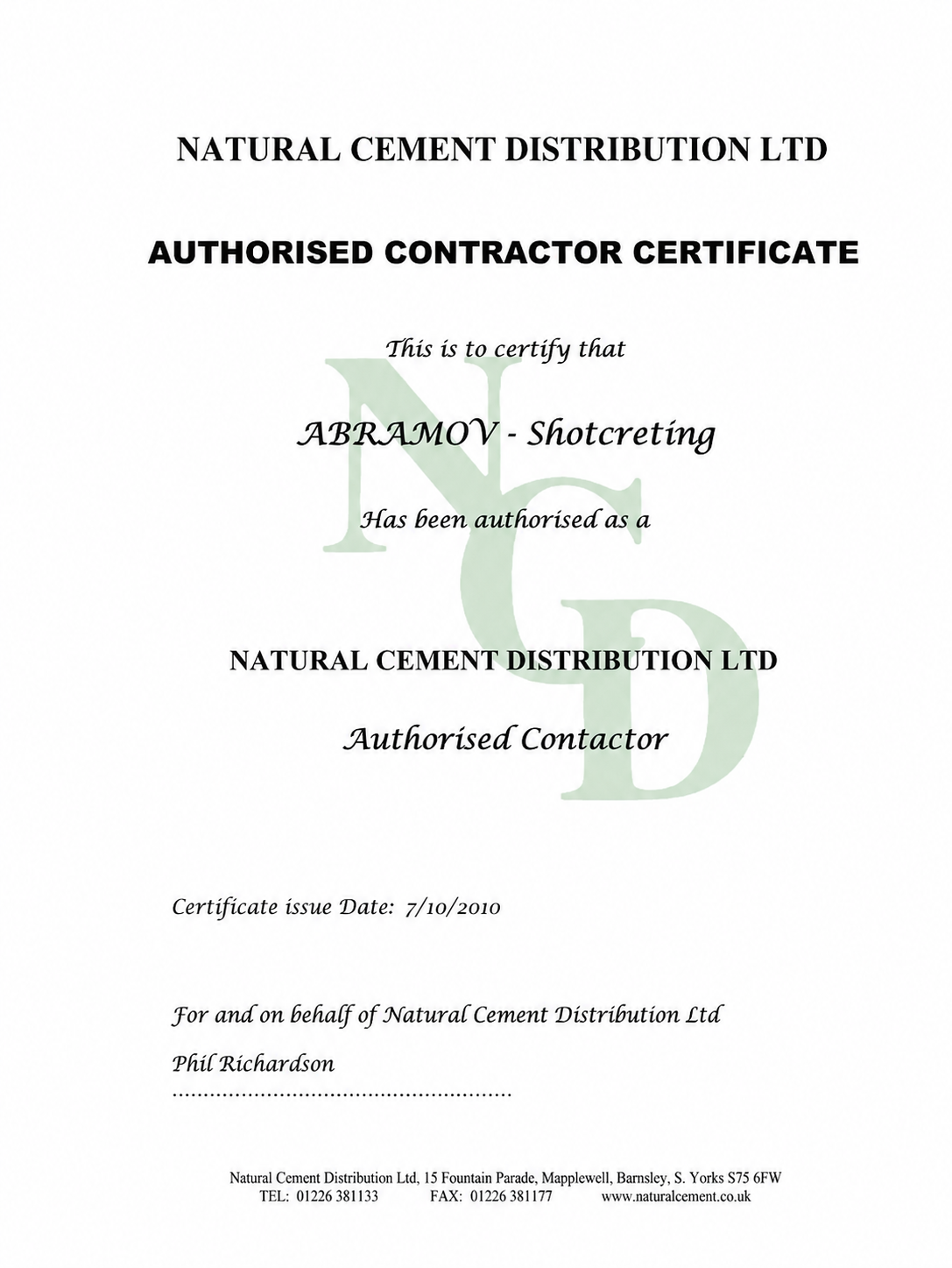 Natural Cement Distribution — Authorised Contractor