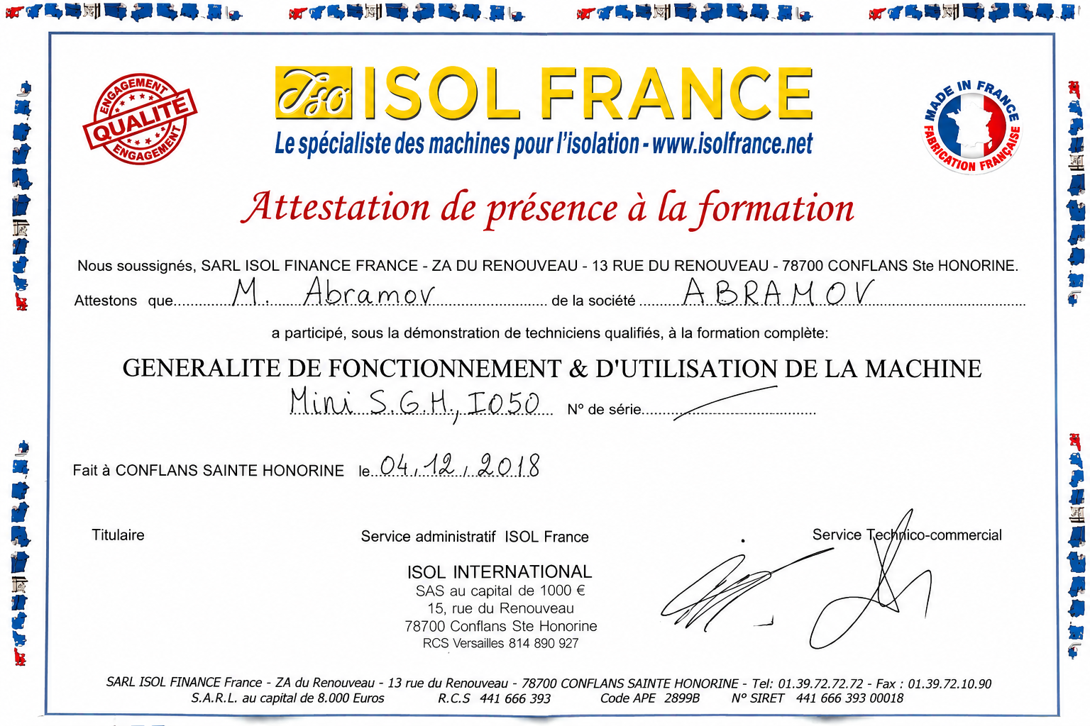 ISOL France — Attestation de Formation